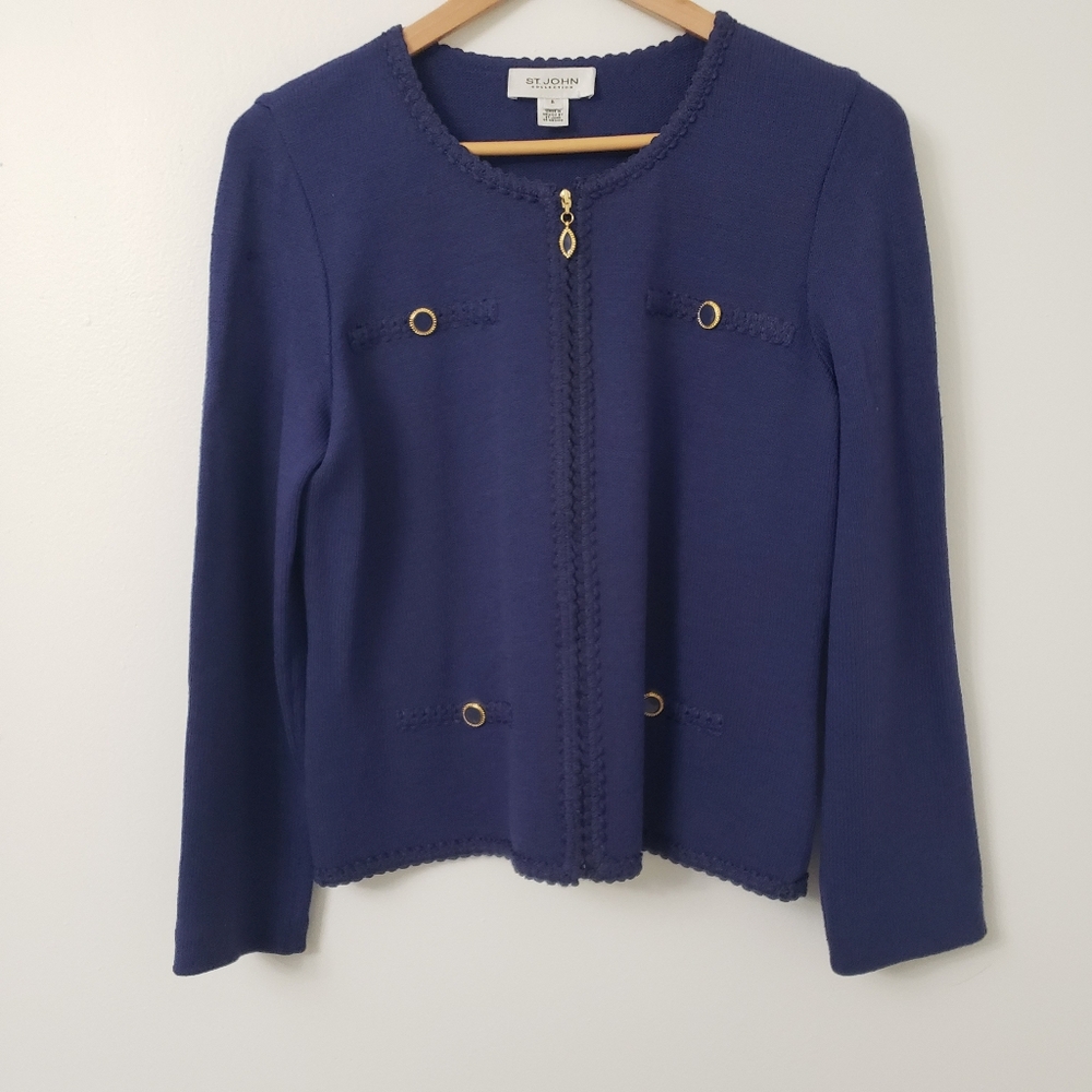 ST.JOHN Blue Knit Cardigan with Gold Accents Size: 6